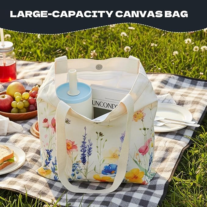 1 Pack Reusable Canvas Cute Shoulder Bag,Made of 10 oz Canvas Tote Bag for Women,for Grocery, Shopping, Beach and Daily Use(Flower)
