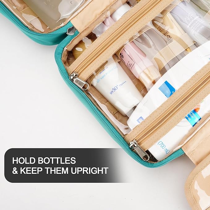 Travel Hanging Toiletry Bag for Women and Men, with 8 Leak Proof Silicone Bottle Covers, Waterproof Makeup Accessories, Cosmetic Essentials, Toiletries Dopp Kit Set with Jewelry Organizer, Blue