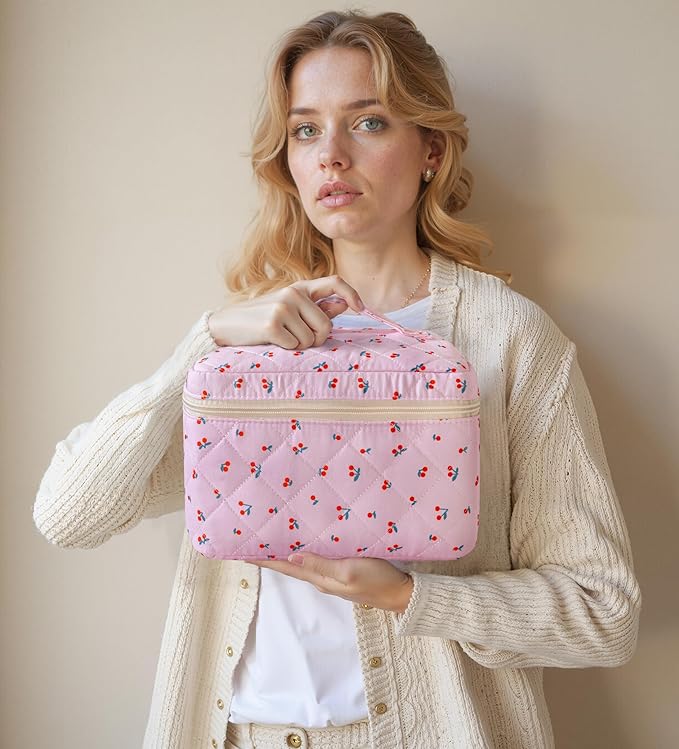HBselect Quilted Makeup Bag, 3PCS Cotton Large Travel Makeup Bag, Cute Floral Coquette Make up Bag Cosmetic Bag Toiletry Bag for Women Girls
