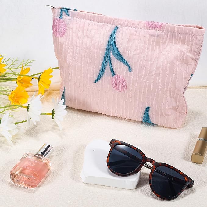 ZLFSRQ Tulip Makeup Bag Travel Cute Pink Flower Floral Cosmetic Bags for Women Large Embroidery Toiletry Pouch Zipper Cosmetic Pouch for Purse Aesthetic Makeup Organizer Bag Portable Toiletry Bags
