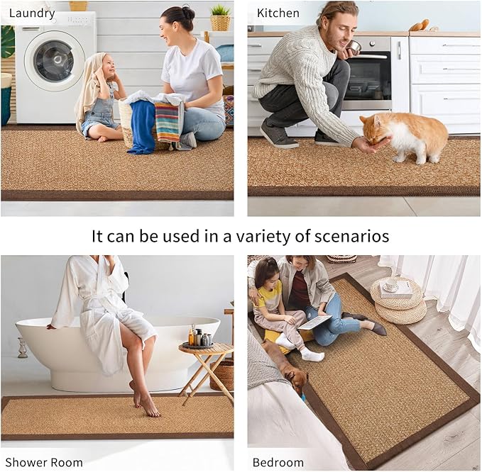 YDKGL Kitchen Runner Rugs Non Slip Washable, Super Absorbent Kitchen Mats for Floor, Rubber Backing Jute-Like Braid Long Sink Mat Standing Floor Mat, Machine Washable, Brown 17"x59"