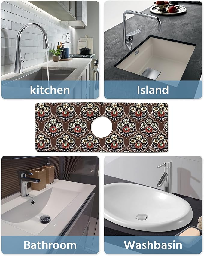 Patterned Sink Faucet Mat Kitchen Splash Guard Super Absorbent Drying Mat, Non-Slip Drain Pad for Kitchen Counter or Bathroom-24x5.5in
