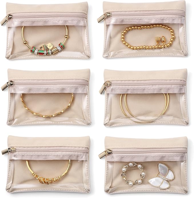 Vlando 6 Pcs Travel Jewelry Organizer Velvet Jewelry Pouch with Zipper Clear Travel Jewelry Bag for Travel Business Trip Jewelry Pouch for Girls Mother's Day Gifts for Mom