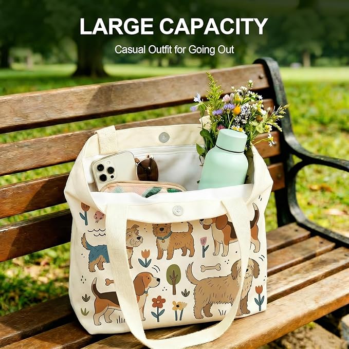 MOLOVA】Printed Canvas Tote Bag for Women - Inner Zipper Pocket & Magnetic Closure, Versatile Hand Shoulder Carry, 15x16 Inch Large Capacity for Work Travel Shopping, Dog