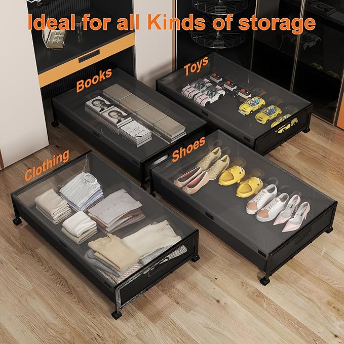 QUELIEN Under Bed Storage with Wheels – Large Rolling Underbed Storage Containers and Drawers, Shoe Organizer Box for Clothes, Toys, Blankets (Black, 1 Pack)