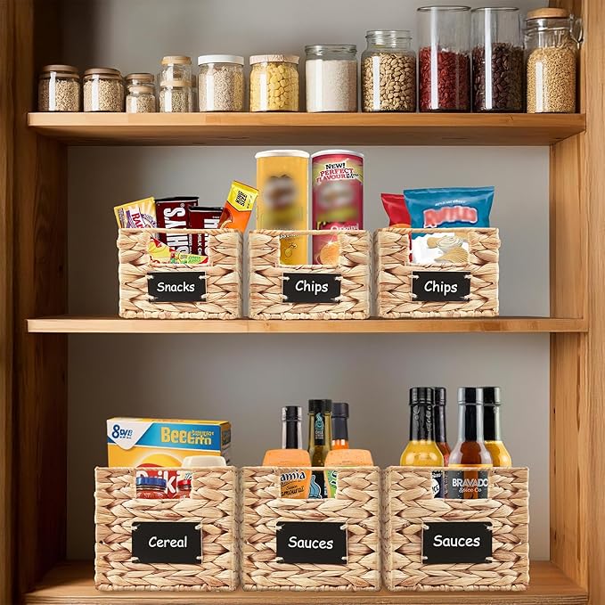 DECOMOMO Wicker Storage Baskets, Handwoven Pantry Baskets, Water Hyacinth Storage Baskets w/Chalkboard and Marker (Natural, Set of 2)