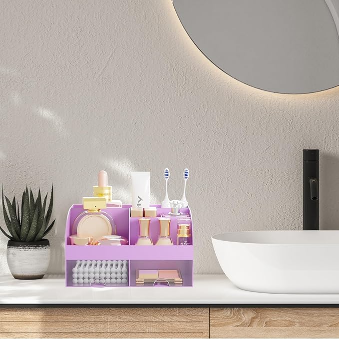 Makeup Organizer with 2 Drawers, Cosmetic Storage for Dresser Vanity and Bathroom Countertop, Makeup Organization and Skincare Storage with Beauty Brush Holder, Cosmetic Display Case (Purple)