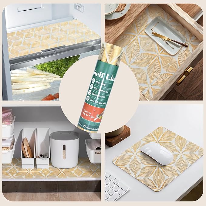 Drawer and Shelf Liner for Kitchen Cabinet,Non-Adhesive Waterproof Drawer Liner for Dresser & Bathroom Vanities with Adhesive Dots & Cutting Tool(12 in X 30 Ft Gold Leaf Pattern)