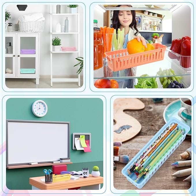 12 Pcs Morandi Slim Plastic Storage Baskets Tray 10 x 3 x 2.5 Inch Compact Stackable Desk Organizer for Office, Classroom, School Supplies, and Home Storage, Organization(Morandi)