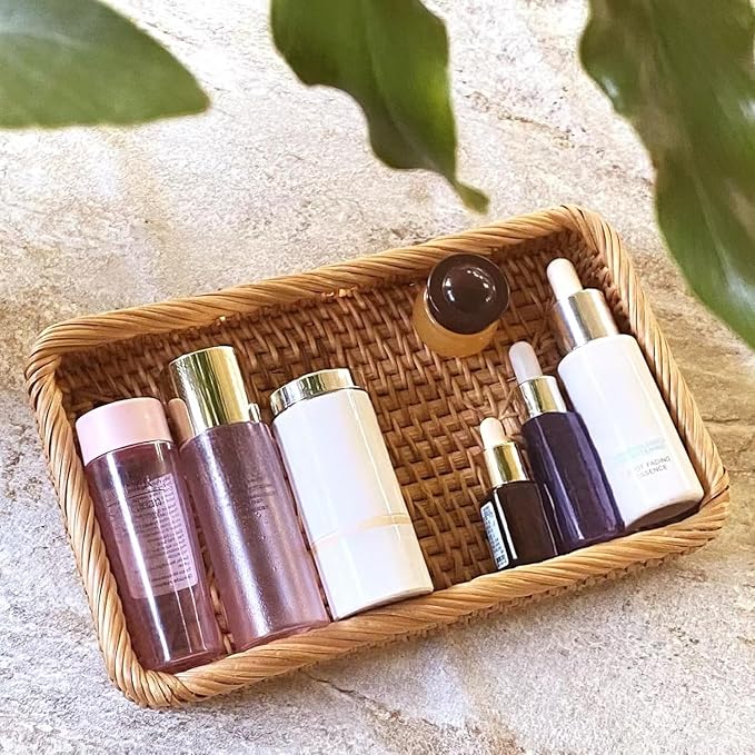 i-lan Natural Rattan Toilet Tank Basket, 10 Inch Narrow Bathroom Storage Tray for Toilet Paper & Hand Towels, Handwoven Wicker Over The Toilet Organizer, Small Vanity Shelf for Home Decor