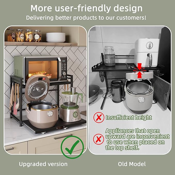 NETEL Expandable Microwave Stand,2 Tier Metal Kitchen Countertop Organizer Shelves with 8 Hooks,Bakers Rack,Pull-Out Microwave Shelf,55lbs Weight Capacity,Black