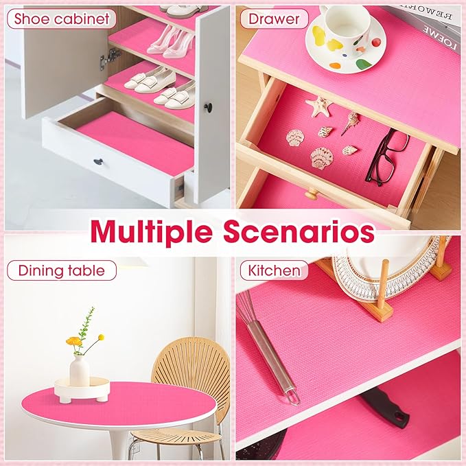 Drawer and Shelf Liner, Non-Slip Kitchen Cabinet Liners Non-Adhesive Thick Strong Grip Waterproof Washable Mats Protect Dresser Shelves Cupboard Bathroom Cabinets, Fuchsia, 18 in X 10 FT