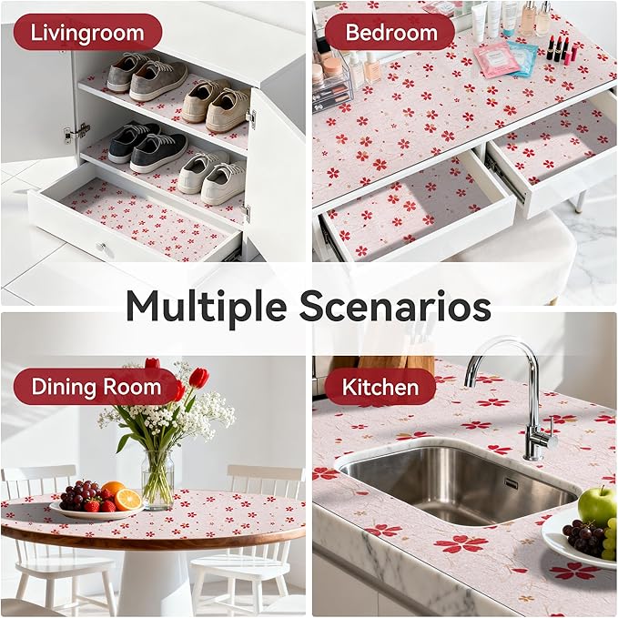 FIFTY FEET 18"x96" Non-Adhesive Shelf Liner for Kitchen Cabinets and Drawers, Washable Non-Slip PVC Cabinet Liner (Red Floral)(1 Roll)
