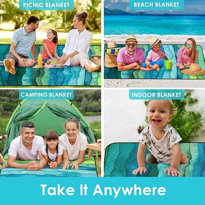 Waterproof Picnic Outdoor Blanket, 79" x 59" Sandproof Foldable Large Picnic Blanket for Beach, Camping, Park, Travel, Concert, Great Gift for Families and Couples (Green Waves)
