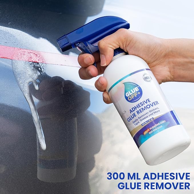 Perco Glue Off Adhesive Remover - 10 fl. oz with Scraper & Plastic Razor | Glue Remover Spray Effortlessly Erase Adhesive Hassles & Car Stickers - for Label Sticker Residue