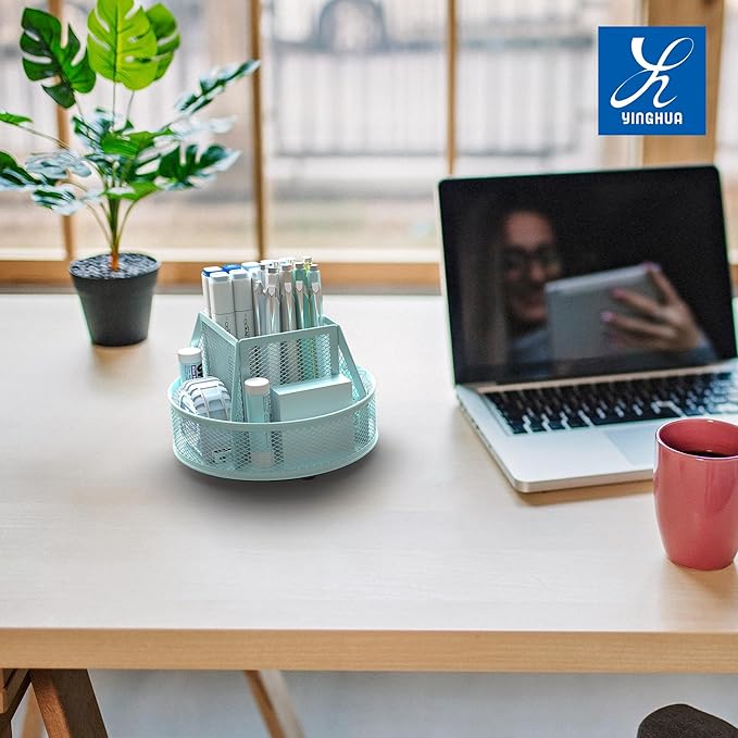 YINGHUA Metal Mesh Desk Organizer with 5 Compartments and Rotating Pencil Holder Pen and Stationery Organizer for Office Home School Anti Slip Base Blue