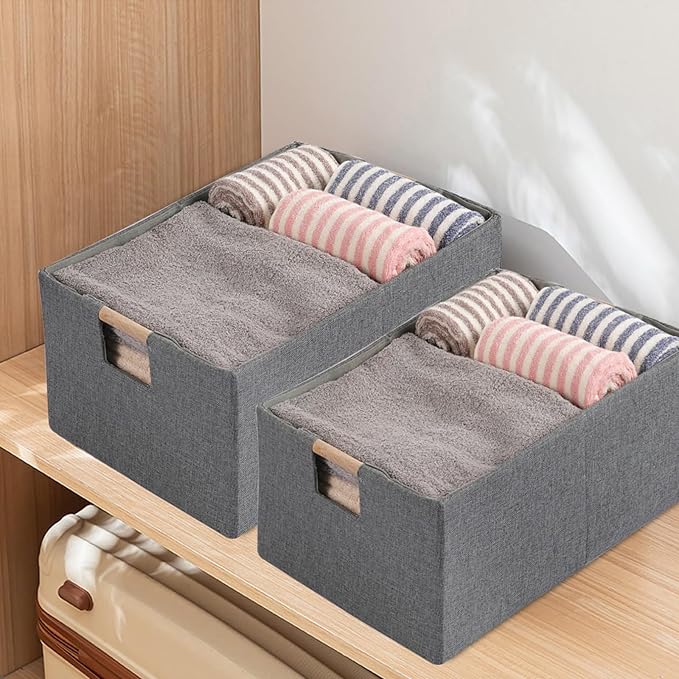 Fabric Storage Bin Box Foldable Collapsible Storage Basket with Wooden Handles Rectangular Cube Decorative Home Nursery Organizer Clothes Blanket Container – Grey, Medium