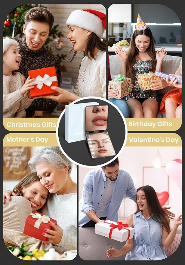 Compact Mirror, Rechargeable 30X Magnifying Mirror with 3 Lighting Modes & Dimmable Brightness, Portable Travel Makeup Mirror with Light, Essentials for Travel, Pocket, Purse, Gifts for Women Black