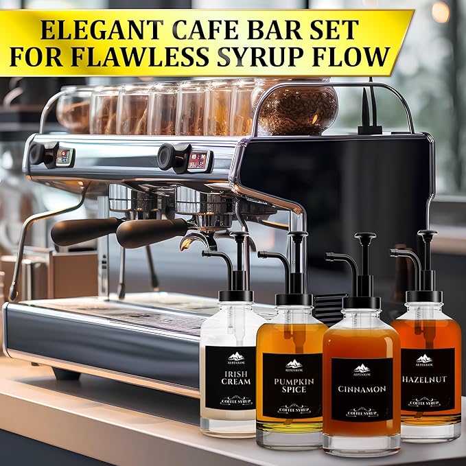 Set of 4 Glass Syrup Dispensers 16.9oz 500 ml – Pump Coffee Dispenser with 18 Marked Labels, Leak-Proof, Easy Cleaning – Coffee Essentials for Coffee Bar | Parties & Event Ready (Black Pumps)