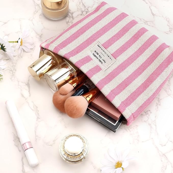ZLFSRQ Striped Makeup Bag Large Canvas Makeup Bag for Women Pink Cosmetic Pouch for Purse Cute Striped Pencil Pouch Y2k Aesthetic Trendy Zippered Travel Toiletry Bags Gift Skincare Storage Organizer