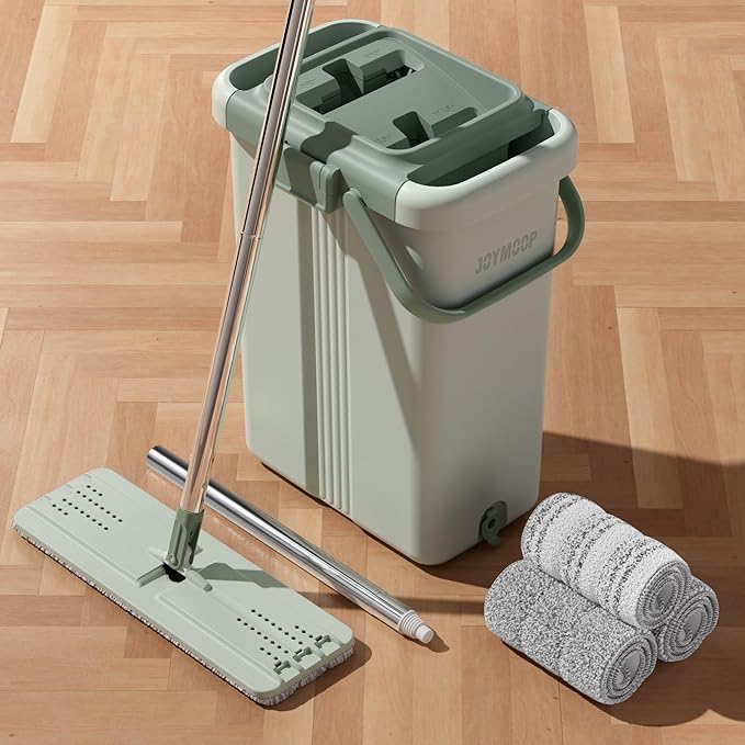 JOYMOOP Mop and Bucket Set, Commercial & Household Use Flat Mop with Bucket, Wall Cleaner with Long Handle, Microfiber Mop Bucket with 3 Reusable 15" Pads