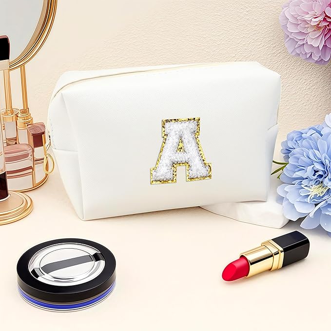 Gifts for Girls Initial Makeup Bag Personalized Cosmetic Bag with Zipper Cute Travel Toiletry Bags Waterproof PU Preppy Makeup Pouch Birthday Gift for Teen Girls Women(White A)