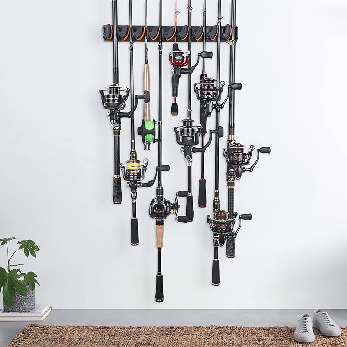 PLUSINNO V9 Vertical Fishing Rod Holders, Wall Mounted Fishing Pole Holders, Fishing Rod Rack Holds Up to 9 Rods or Combos, Fishing Rod Holders for Garage,Fishing Gear and fishing Gifts for Men