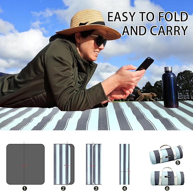 HX&OD Extra Large Picnic Outdoor Blanket, 80”x60” Waterproof Picnic Mat Foldable Camping Blanket Portable with Carry Strap for Beach Mat Outdoor Camping Party (Grey&Green)
