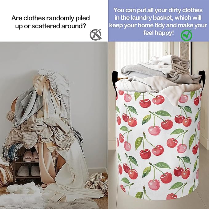 Cute Cherry Laundry Hamper Large Canvas Fabric Lightweight Storage Basket/Dirty Clothes Collapsible Waterproof for College Dorms, Boys and Girls Bedroom, Bathroom