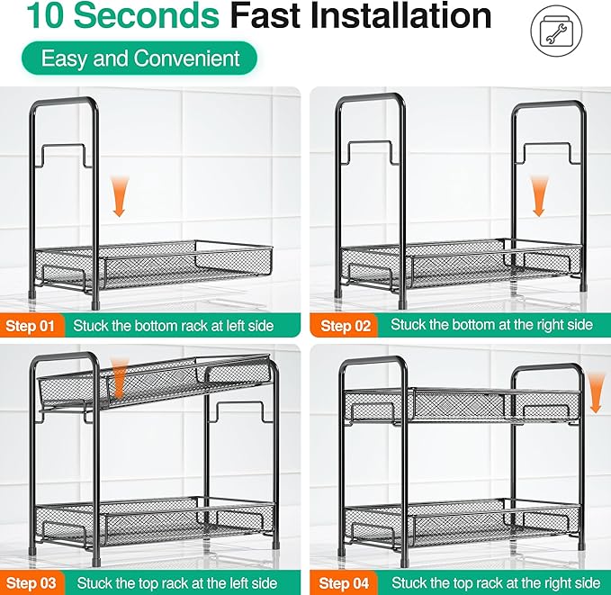 Spice Rack Organizer for Countertop, Xpatee 2-Tier Foldable Metal Rust-Proof Standing Large Seasoning Storage Shelf with Guardrail and Mesh Design for Kitchen Cabinet Bathroom Living Room Pantry, Black