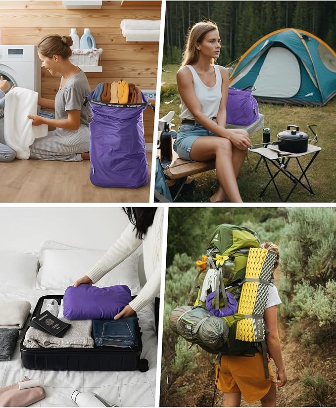 Travel Laundry Bag, Pump-free Vacuum Compression Dirty Clothes Bag, Large Reusable Waterproof & Washable Laundry Bag, Wet and Dry Bag, Ideal for Suitcases, Laundromats (1 Pcs) Purple