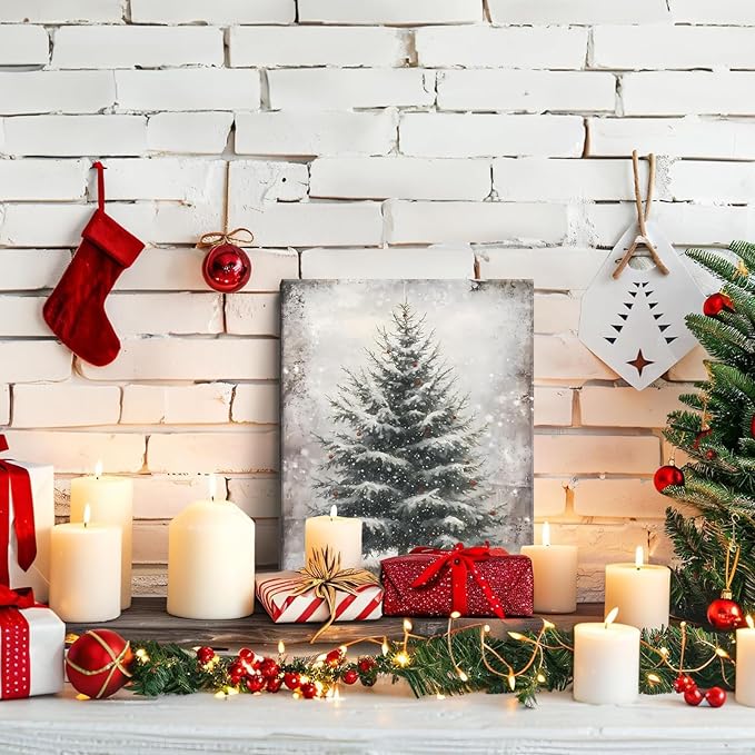 Vintage Christmas Wall Art Framed - Pine Tree Pictures Wall Decor, Winter Navidad Painting Decorations for Home Indoor, Rustic Christmas Canvas Prints, Nostalgic Navidad Decorations 16x124 Inch