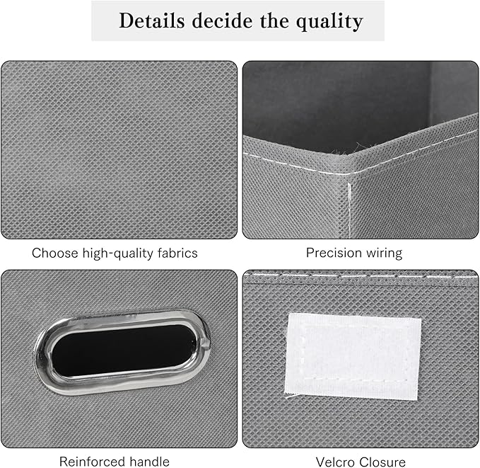 Linen Fabric Foldable Collapsible Storage Cube Bin Organizer Basket with Lid, Leather Handles, Removable Divider for Home, Closet (Grey, 3Pcs)