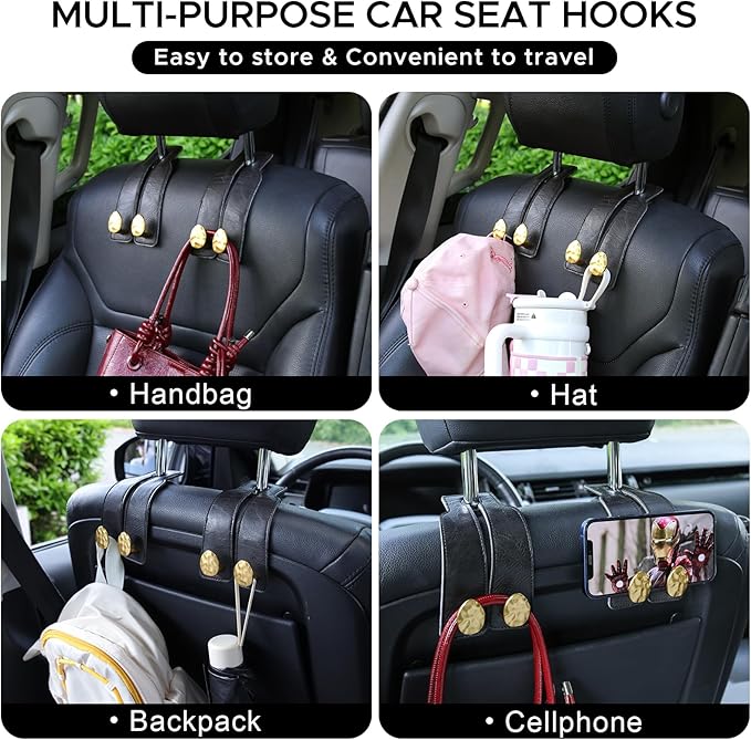 URIZZD 2PCS Leather Car Seat Hooks for Headrest, Vehicle Hanger Storage Organizer Universal for Handbag Purse, Car Accessories Gift (Black-Gold)