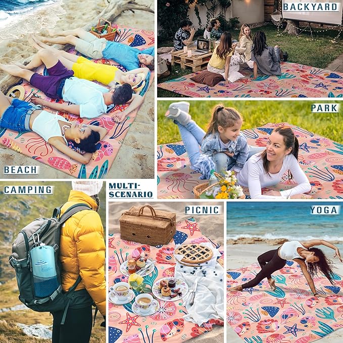 Famstar Beach Blanket Sandproof Waterproof 78''×81''1-5Adults Oversized,Compact Lightweight Durable Beach Mat for Travel Camping Hiking Picnic Blanket