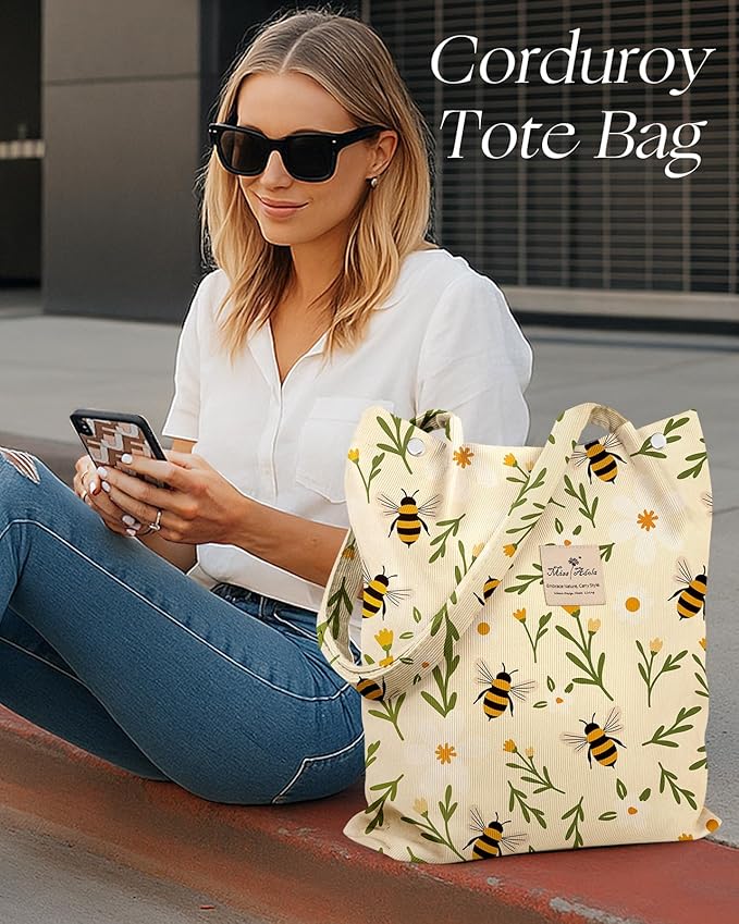 Miss Adola Corduroy Tote Bag for Women - Reusable Totes with Pocket & Buckle Cute Aesthetic Shoulder Bag for Work Travel
