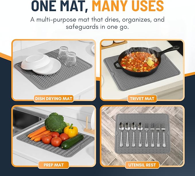 Silicone Dish Drying Mat for Kitchen Counter - Multi-Use 16 x 12 Inch Pad, Non-Slip & Heat-Resistant, Perfect Dish Drainer Mat by Linda’s Essentials, Ideal Kitchen Accessory (Gray)