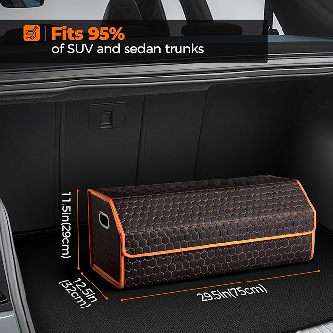 Fyzeoty Car Organizers and Storage - Trunk Organizer for SUV Car, Car Trunk Leather Storage Box, Extra Large, Magnetic Lid, Collapsible and Adjustable