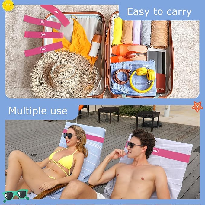 Towel Bands (6 Pack) - Stretch Beach Towel Clips for Beach Cruise Pool Chairs, Lounge Towel Holder Elastic, Cruise Ship Essentials (Pink)