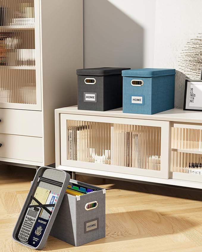 Oterri File Organizer with Lid, Hanging Filing Box with Mesh Pocket, Document Organizer for Letter Files, Portable Storage Box with Smooth Sliding Rail for Office&Home (2 PCS, Dark-blue)