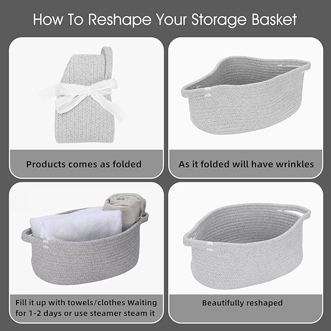 Small Woven Basket Cute Oval Cotton Rope Gifts Basket with Handle Empty Baby Wicker Storage Baskets Nursery Box Bin Kids Organizer Cat Dog Toy Baskets Easter Baskets Grey