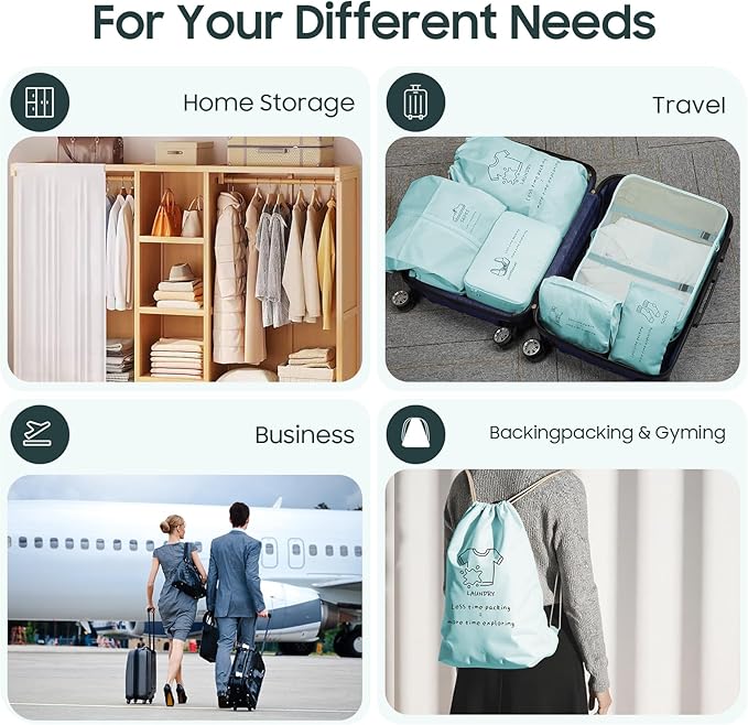 SKYREH 8 Set Travel Packing Organizers - Luggage Organizer for Suitcase Organization with Hanging Toiletry, Shoe & Laundry Bags, Packing Cubes for Travel Essentials, Cute Gifts for Women, Lake Blue