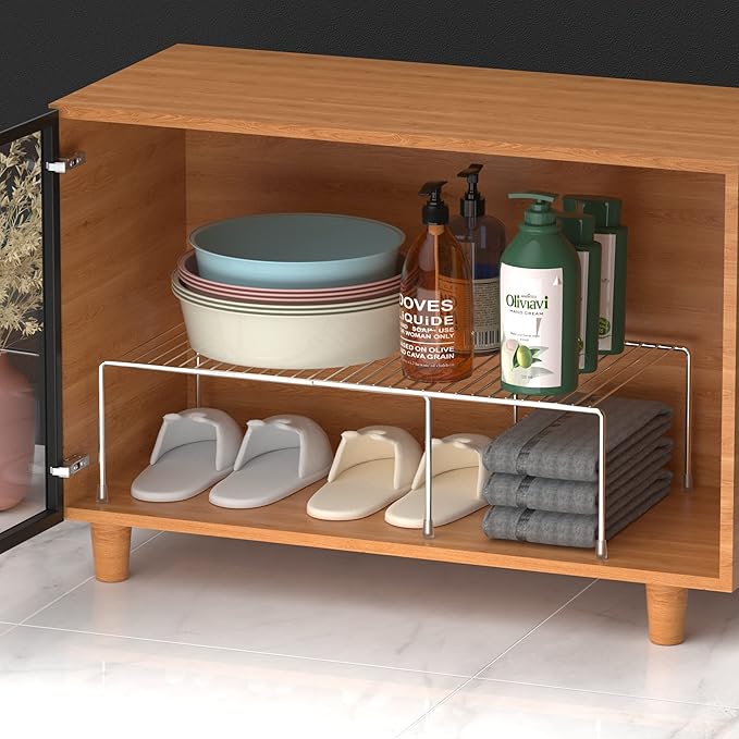 Kitchen Cabinet Expandable Shelf Organizers Set of 2, Adjustable Metal Wire Pantry Storage Shelves, Plate Dish Organizer Rack for Cabinets, Cupboard, Counter, Freezer, Countertop, Chrome