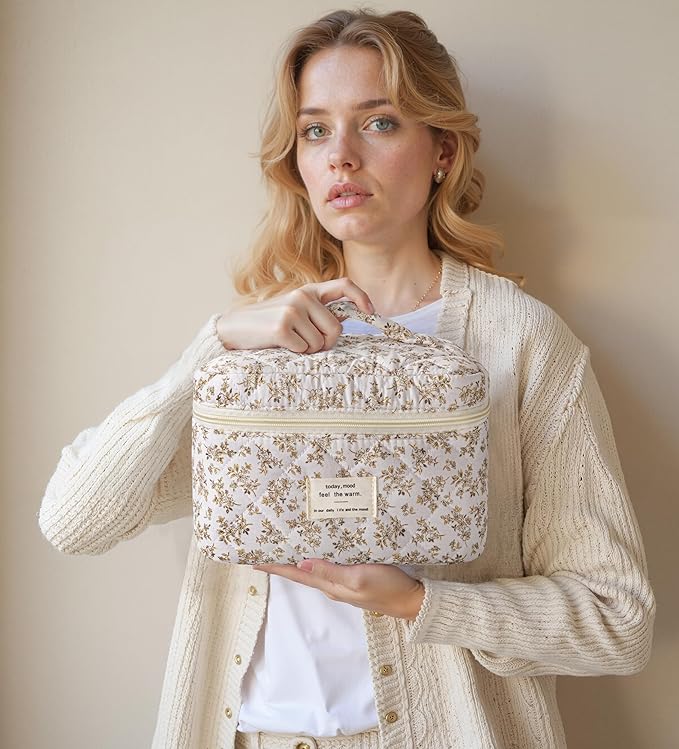 HBselect Quilted Makeup Bag, 3PCS Cotton Large Travel Makeup Bag, Cute Floral Coquette Make up Bag Cosmetic Bag Toiletry Bag for Women Girls