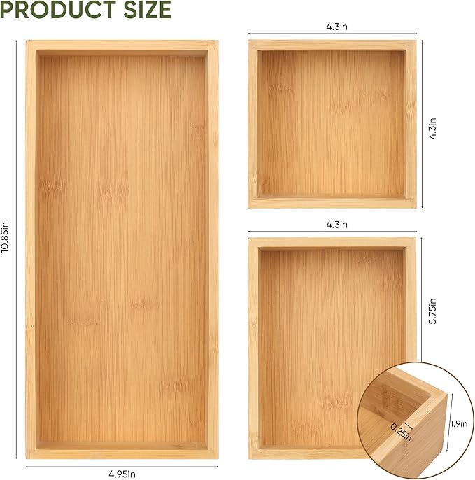 Bamboo Drawer Organizers Set, 3PCS Multi-Use Wood Storage Organizers, Desk Drawer Tray for Kitchen, Bathroom, Office, Dresser, Bamboo Box Bin for Jewelry, Makeup, Junk, Gadgets