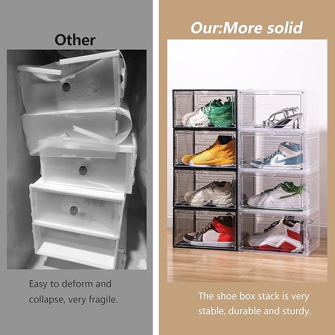 Attelite Shoe Box, Upgraded Large Clear Shoe Storage Box Stackable, 8 Pack Thicken Plastic Shoe Containers, Drop Front Large Magnetic Door, Shoe Storage Organizer for Display Sneakers