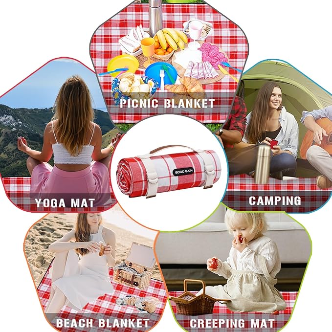 G GOOD GAIN Picnic Outdoor Blankets Waterproof Large - Beach Mat Sand Free Foldable with Carry Strap | Portable Camping Blanket | Park Blanket for Grass Park, Hiking, Travel, Concerts(RedPlaid)