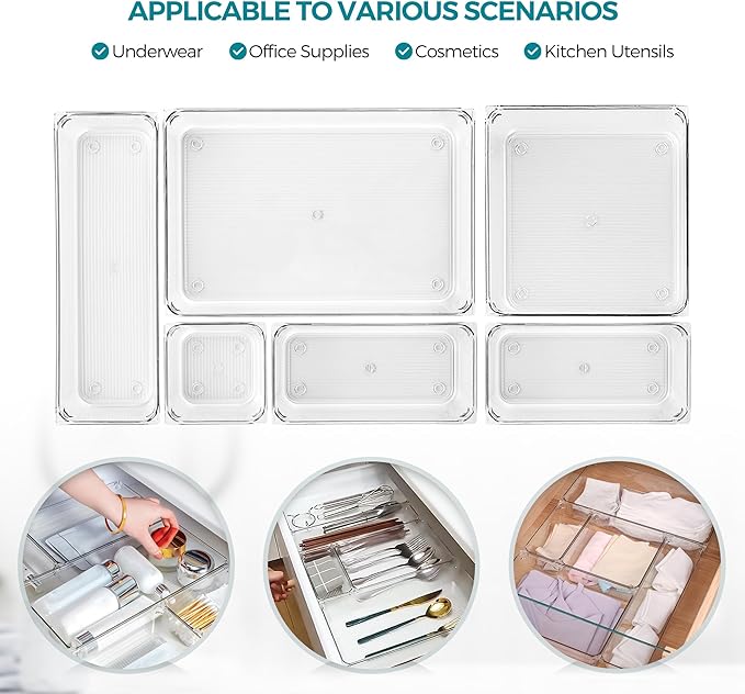 12 Pack Drawer Organizer - 6" X 9" Clear Acrylic Storage Bins with Non-Slip Pads, Versatile Desk Tray for Makeup, Jewelry, Kitchen, Bathroom, and Office Organization