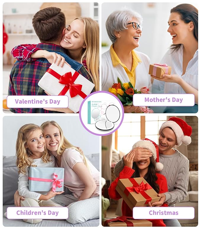 WOBSION Travel Compact Mirror,Portable 1x/10x LED Makeup Mirror with Magnification,Handheld 2-Sided Pocket Mirror, 3.5in Small Mirror for Purse,Handbag,Gift,Black