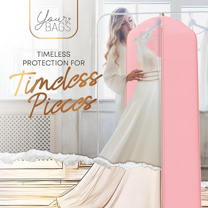 Your Bags Wedding Dress Garment Bag – 72" Garment Bags for Hanging Clothes with 20" Gusset for Puffy Gowns – Durable Dress Cover for Travel or Storage – Rip-Resistant with ID Window - Lt Pink
